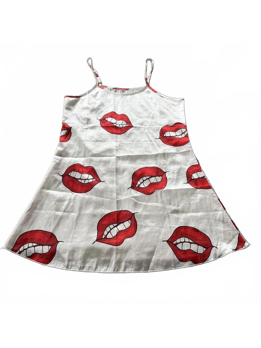White Red Lips Print Mini Dress Slip Spaghetti Strap Y2K Size S Forever 21